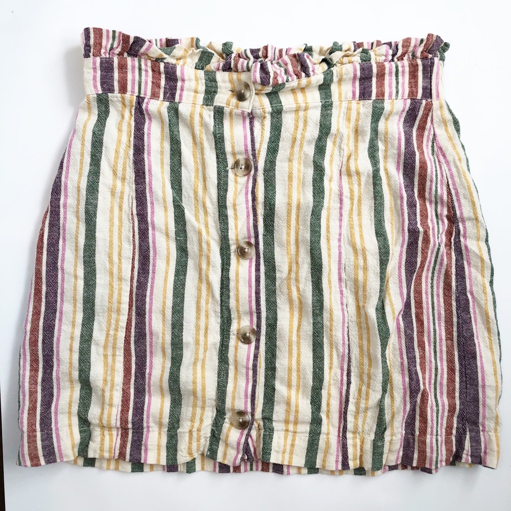 Abound Women Elastic Waist Button Front Rainbow Stripe Linen Blen Casual Skirt S